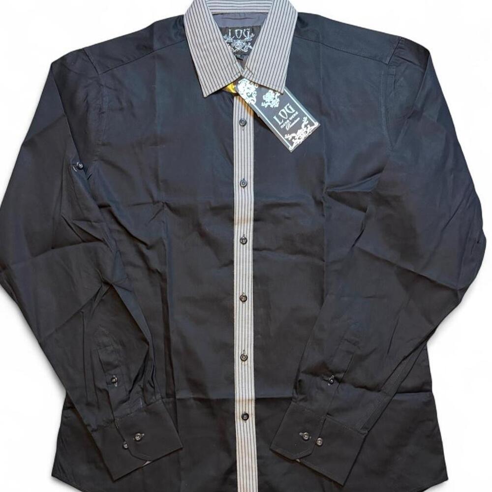 Log Black long sleeve button up shirt with gray striped collar and plaid pattern